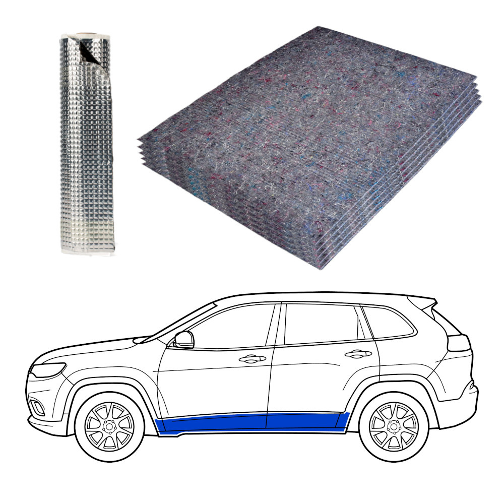 Ljudisoleringsmaterial för SUV, inklusive golvplattor och rullad isolering.