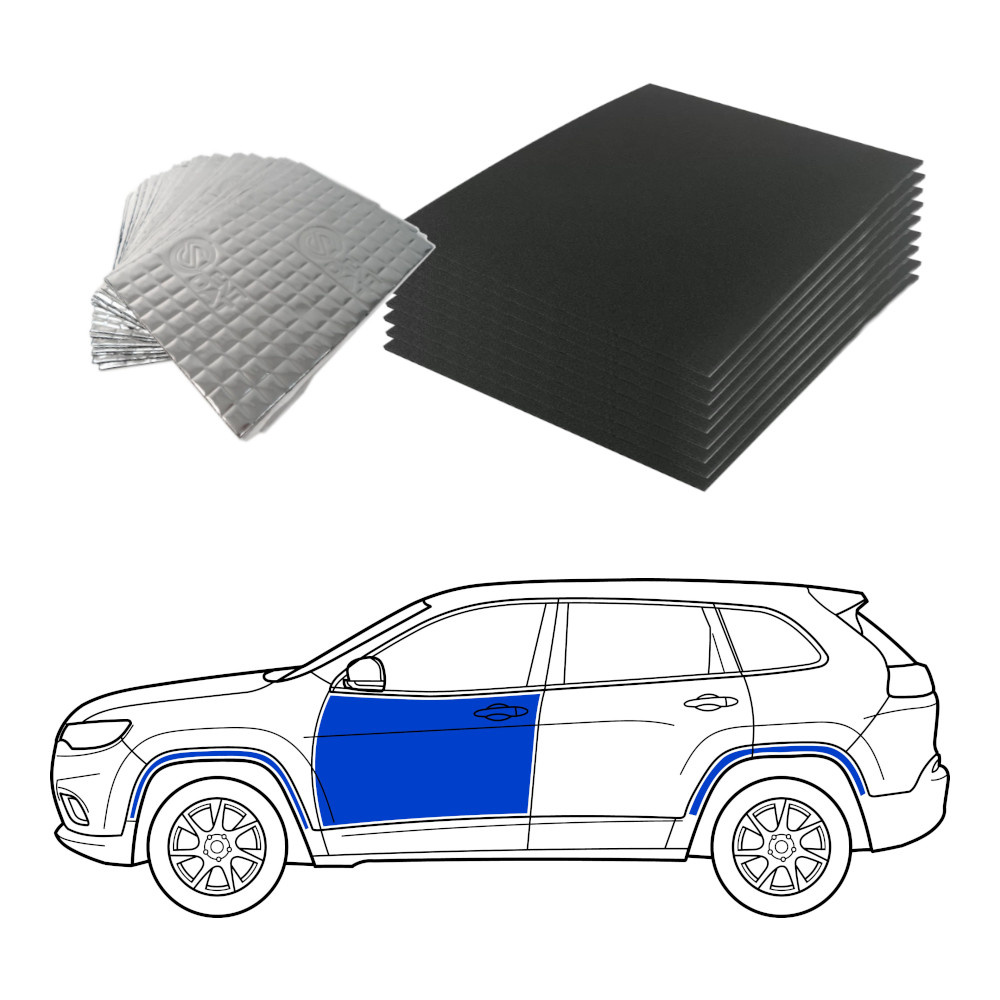 Ljudisoleringsmaterial för SUV med olika plattor och monteringsguide.