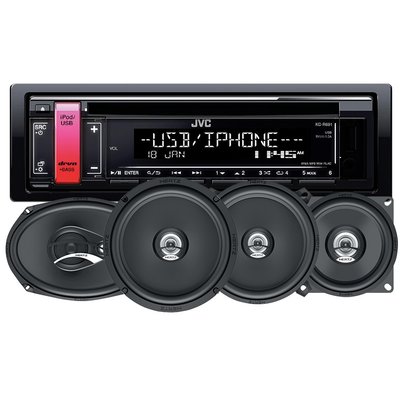 En bilstereo med USB och iPhone-stöd, samt två Hertz DCX-högtalare.