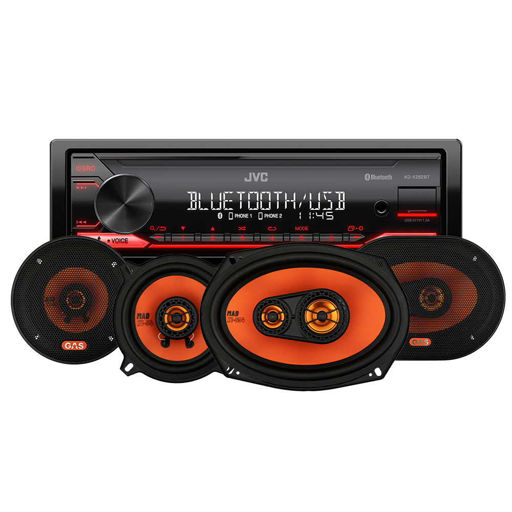 Bilstereopaket med JVC KD-X282BT och GAS MAD X1-högtalare.