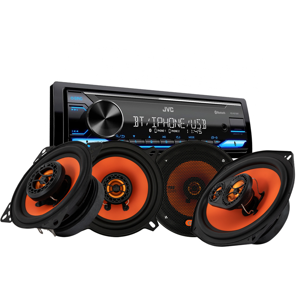 Bilstereopaket med JVC KD-X382BT och GAS MAD X1-högtalare.