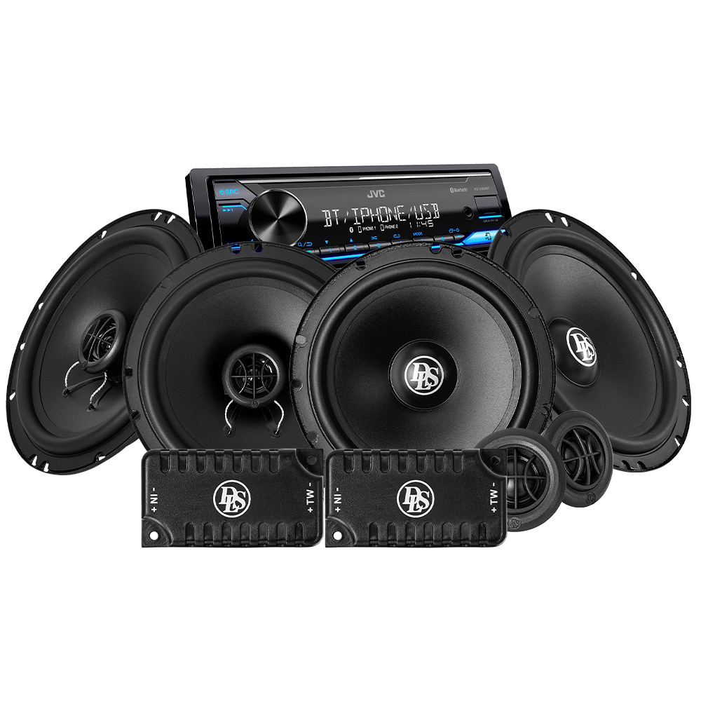 Bilstereopaket med JVC-spelare och DLS högtalare fram och bak.