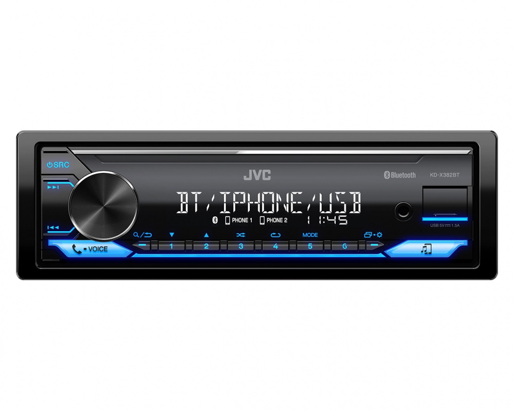 En bilstereo med Bluetooth, USB och digital display.