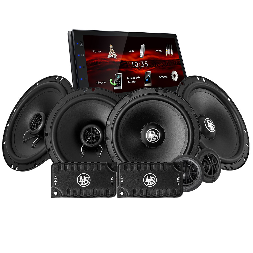 Bilstereopaket med display, högtalare och förstärkare.