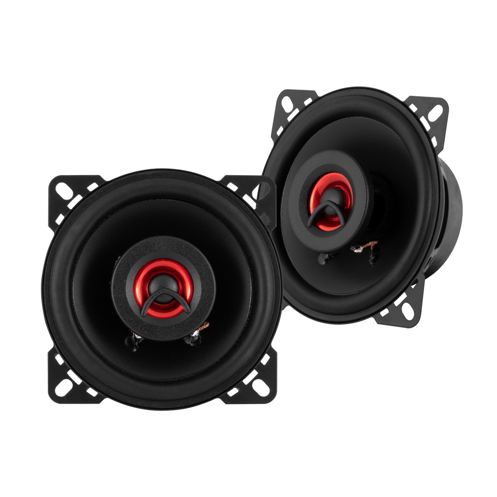 Högtalare med svart och röd design för bilstereo.
