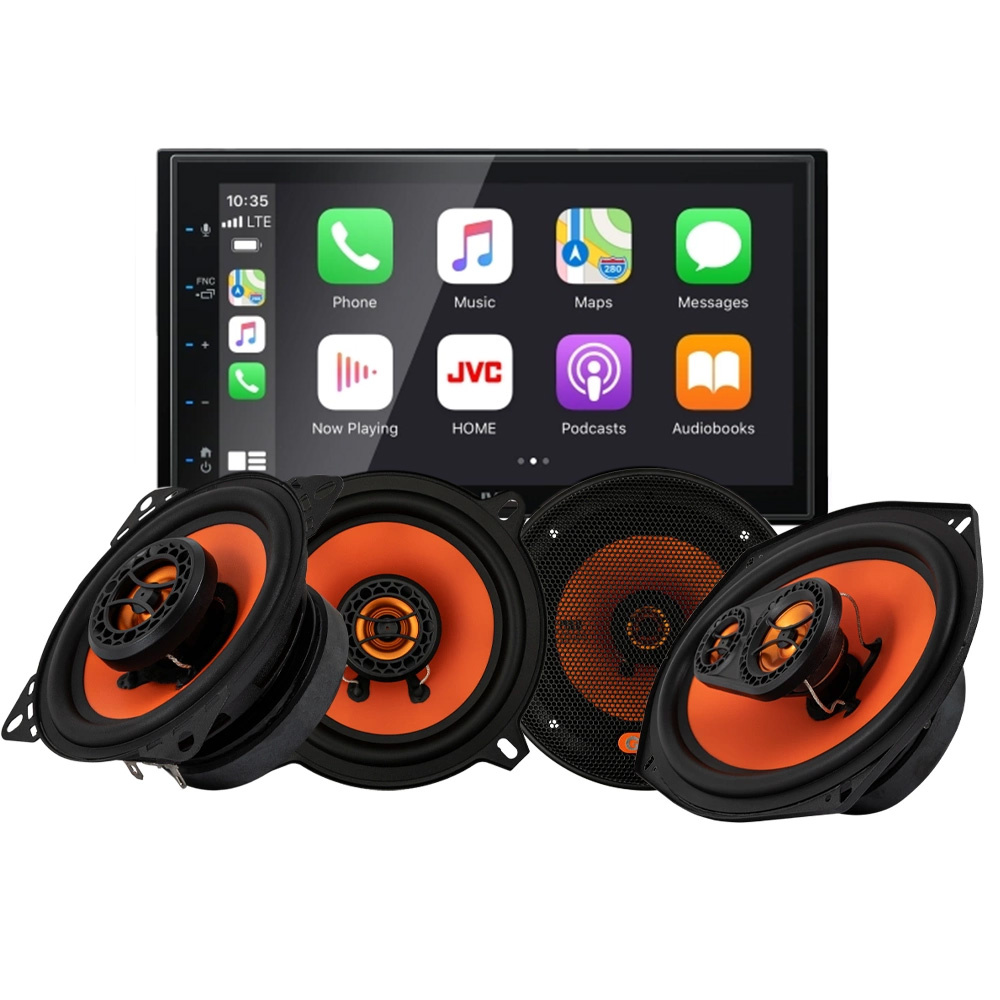 Bilstereo med touchskärm och två par högtalare.