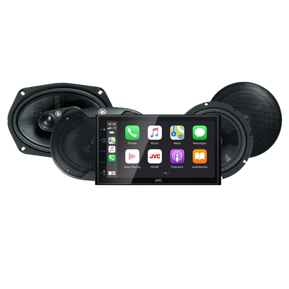 Bilstereopaket med JVC-skärm och DLS-högtalare.