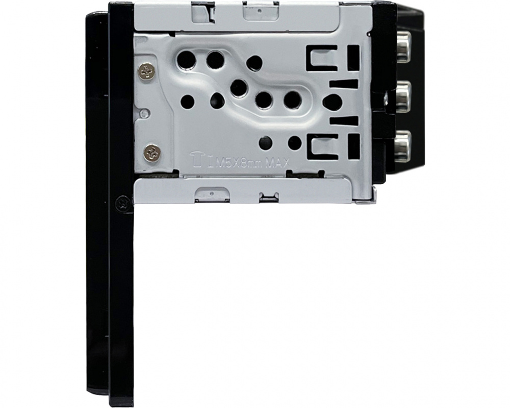 En bilstereoenhet med anslutningar och monteringsfäste.