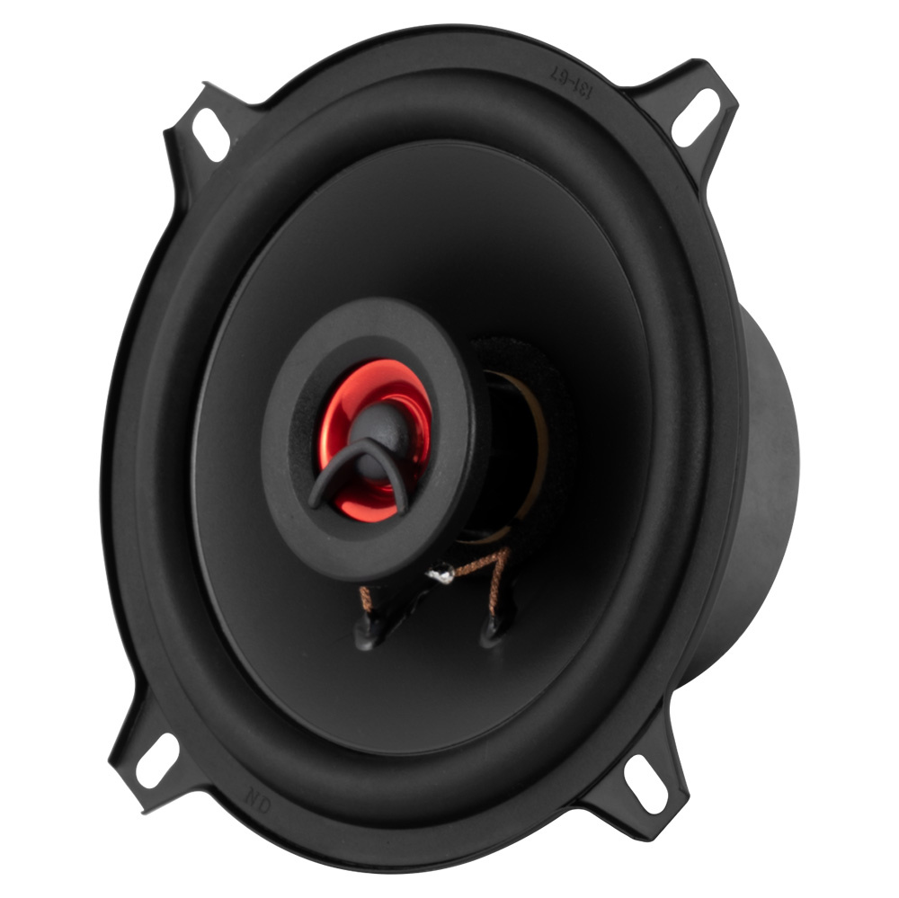 En högtalare med svart och röd design, avsedd för bilstereo.