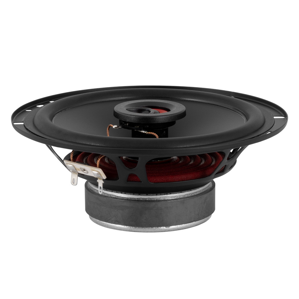 Högtalare med svart front och röd spool, designad för bilstereo.