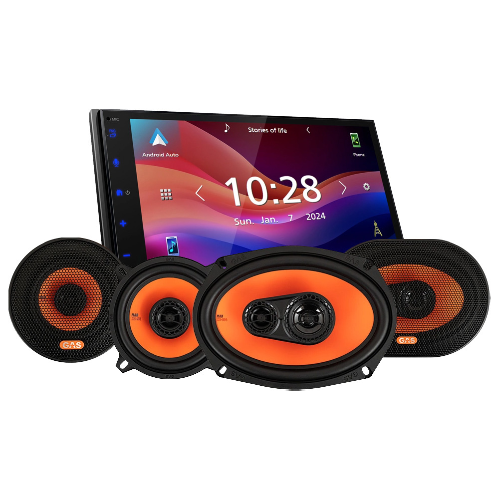 Ett bilstereopaket med en skärm och två högtalare.