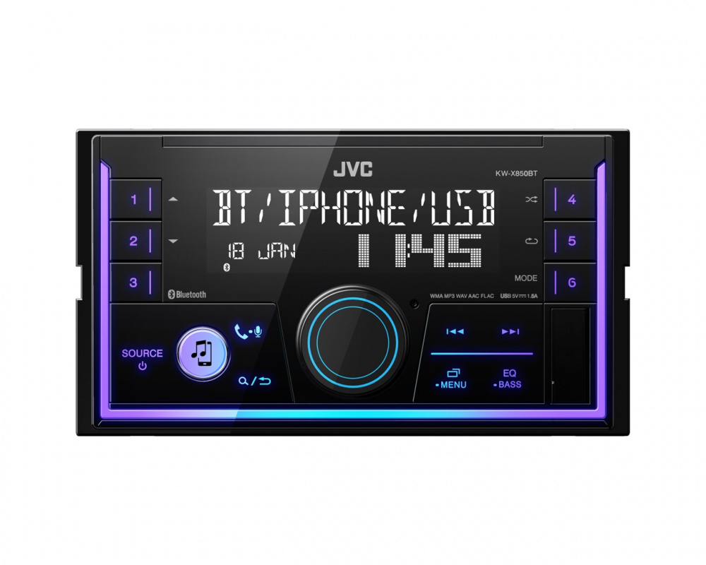 Bilstereo med Bluetooth, USB och anpassningsbara ljuseffekter.