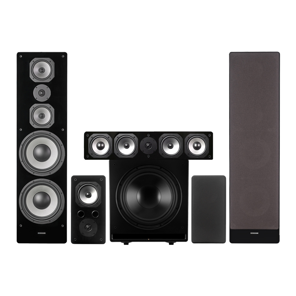 Ett svart högtalarpaket med flera enheter för 5.1 ljudsystem.