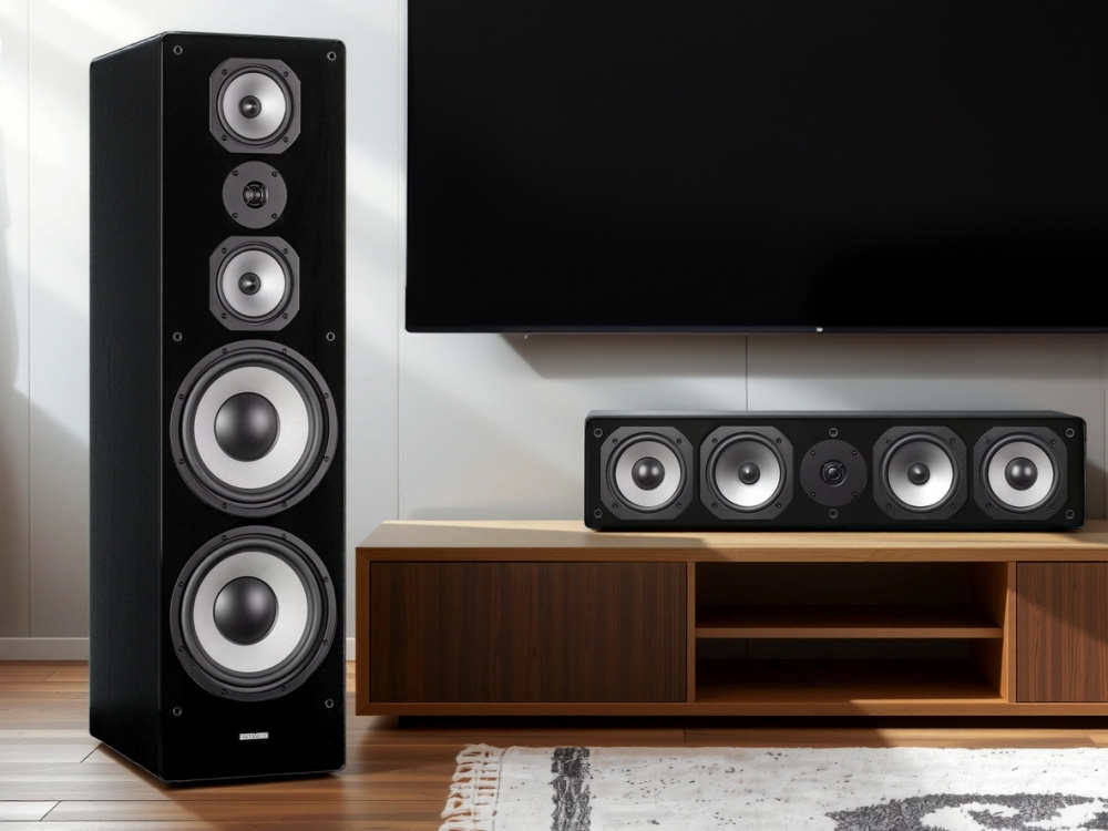 Golvhögtalare och centerhögtalare i svart, modern design.
