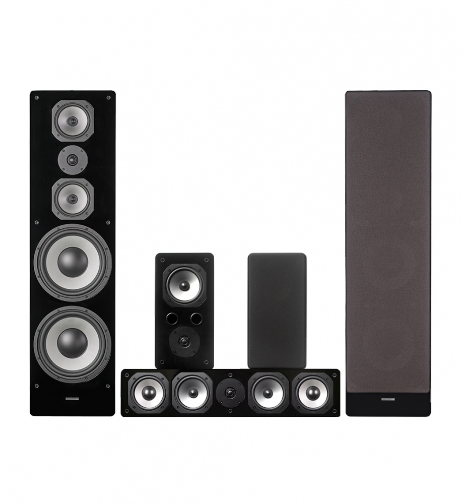 Ett högtalarpaket med flera svarta högtalare för surroundljud.