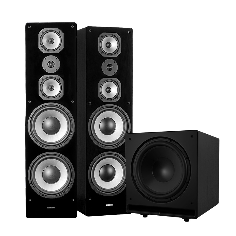 Högtalarpaket med två tornhögtalare och en baslåda i svart.