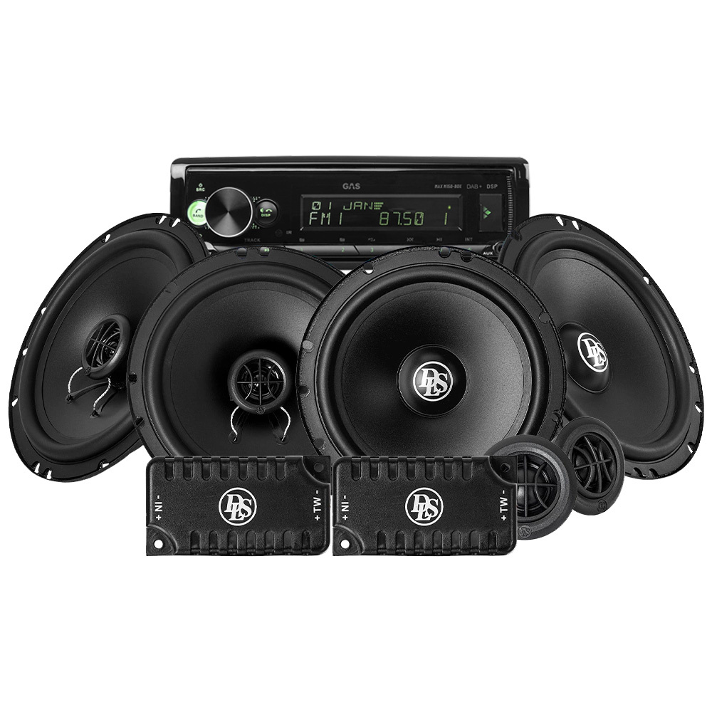 Ett bilstereopaket med högtalare och en ljudanläggning.