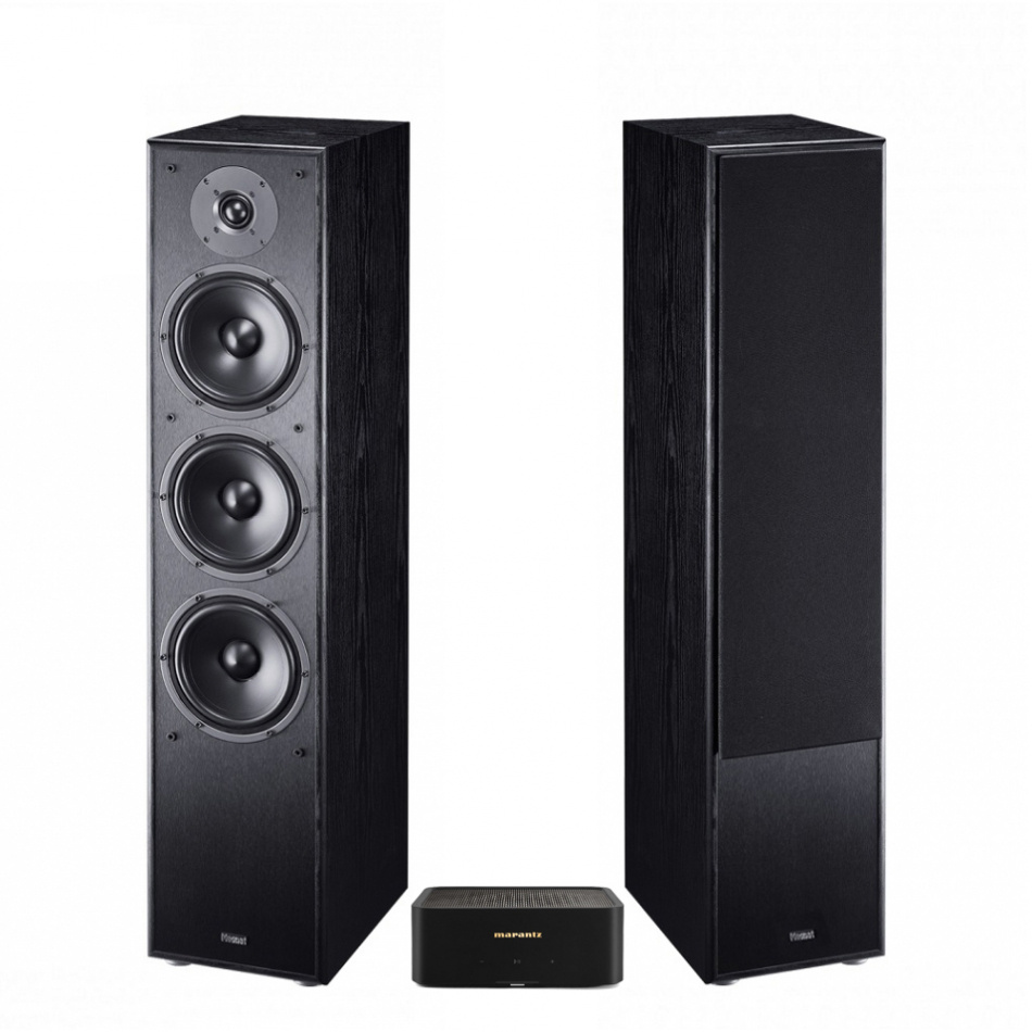 Högtalare och förstärkare i svart, elegant design för ljudåtergivning.