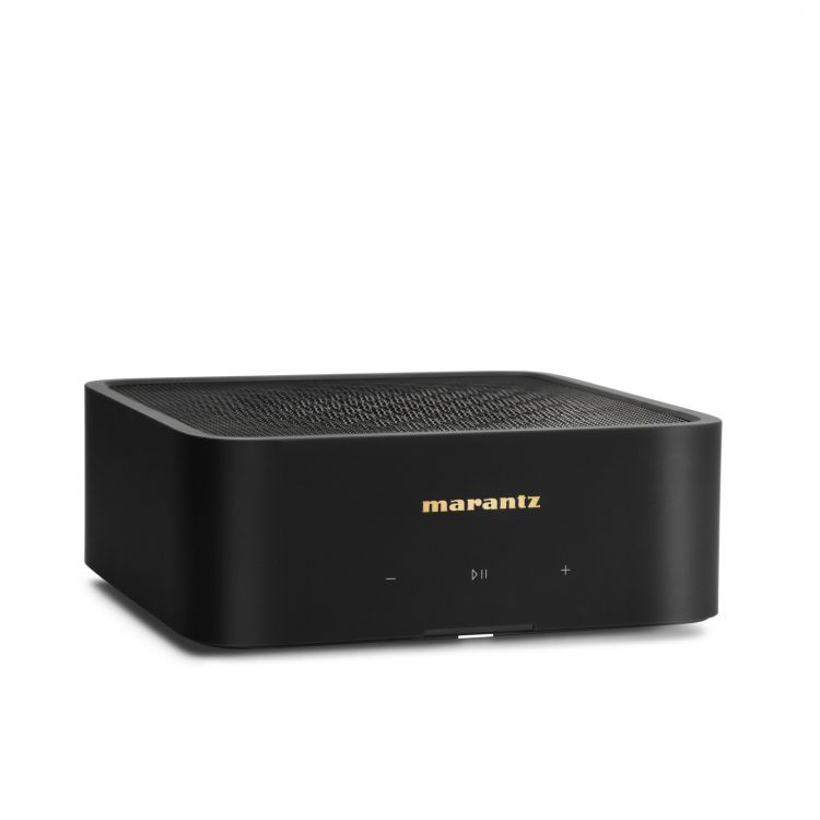 En svart ljudbox med märkning från Marantz. Enkel och modern design.