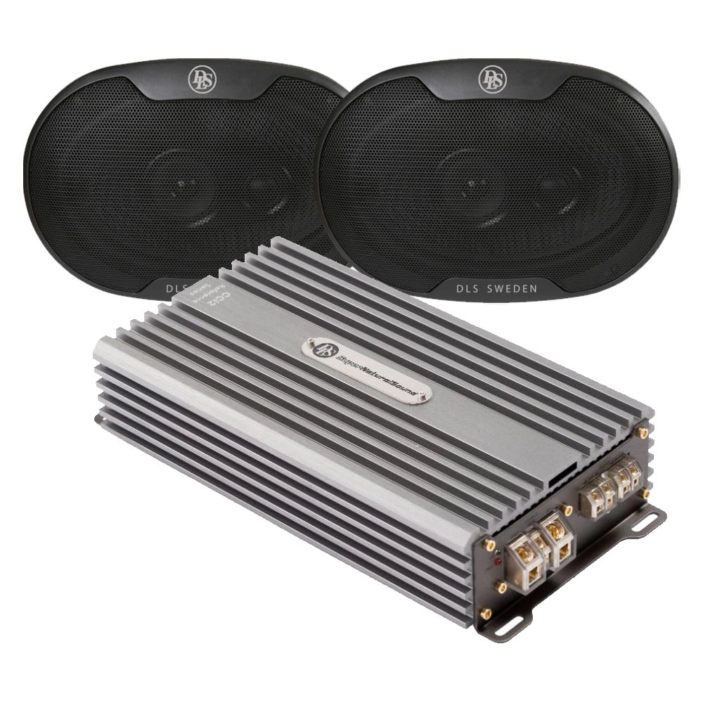 Högtalarpaket med två högtalare och en förstärkare.