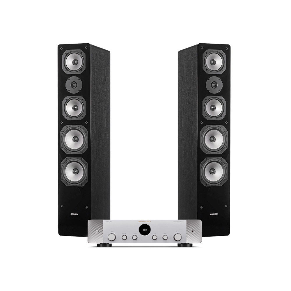 Stereopaket med två högtalare och en förstärkare.