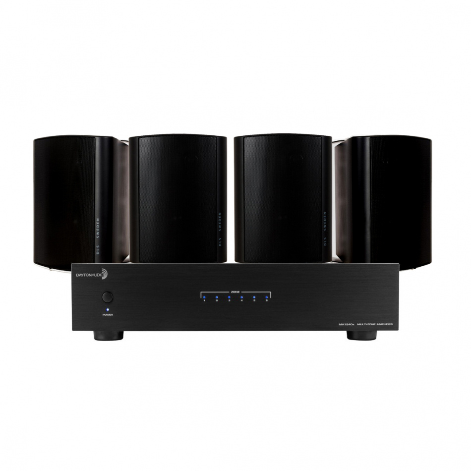 En svart förstärkare med flera utgångar för högtalare.