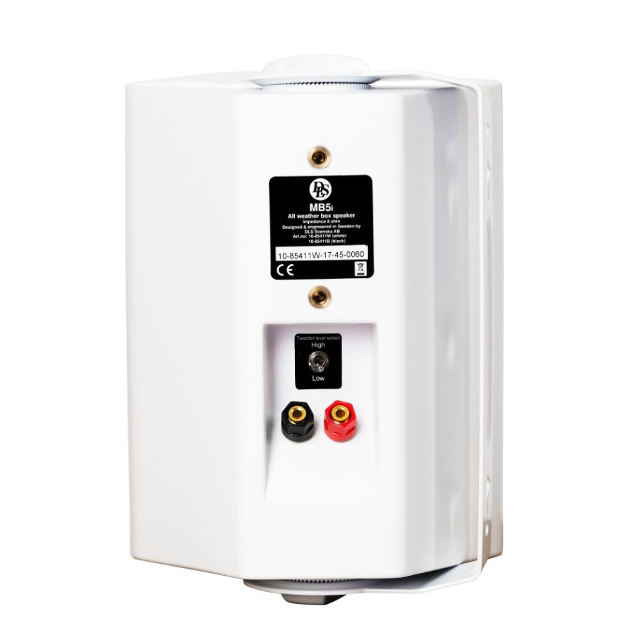 Vit utomhushögtalare med anslutningar, designad för ljudsystem.