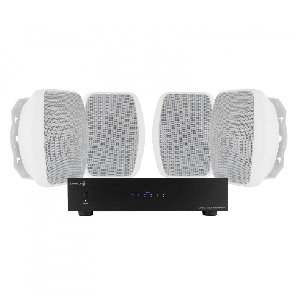 Ljudsystem med förstärkare och två par utomhushögtalare för gym eller uteplats.