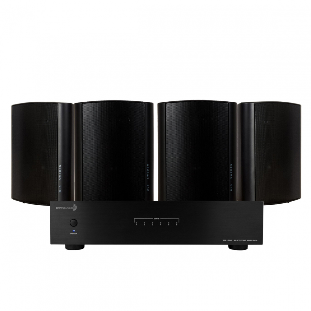 Förstärkare med fyra högtalare, perfekt för gym eller uteplats.