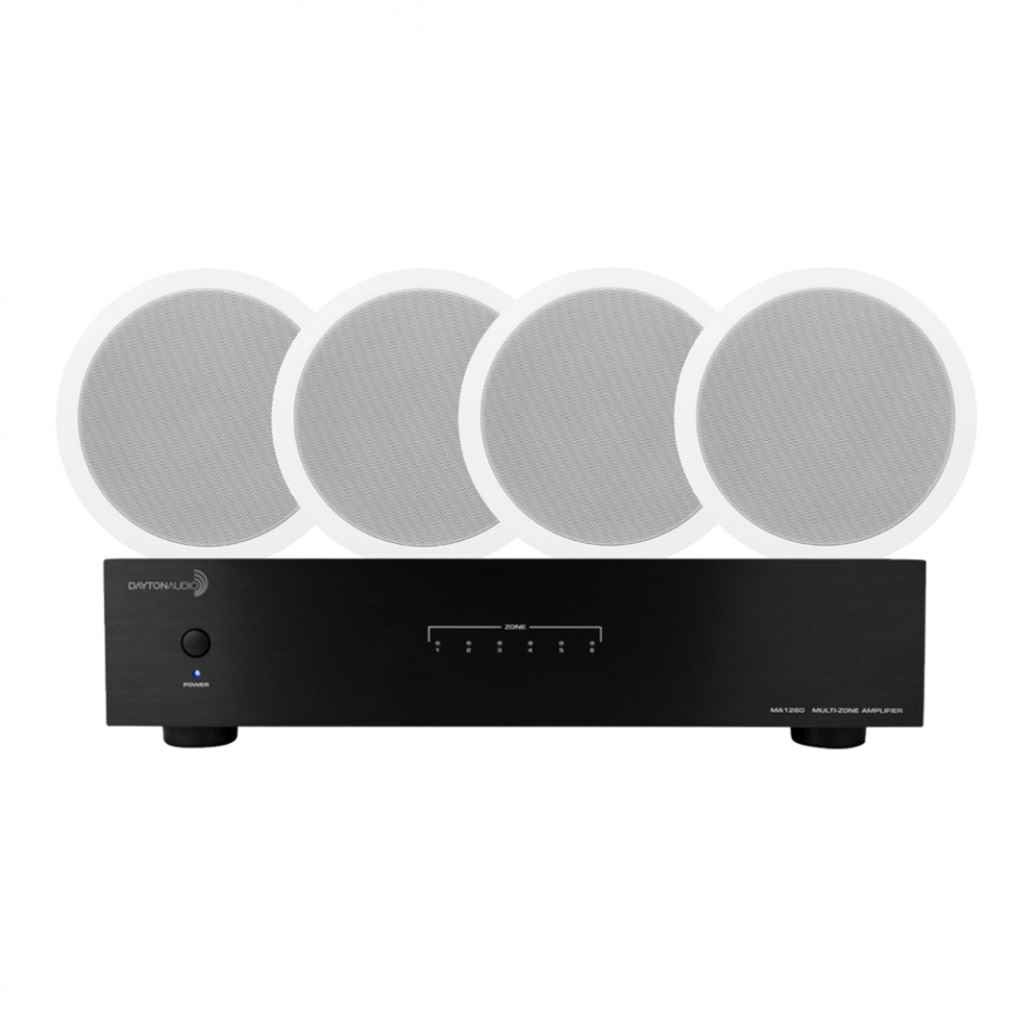 Multiroomförstärkare med fyra högtalargaller i vitt.