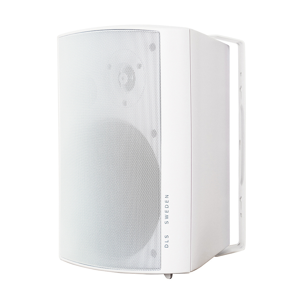 Vita utomhushögtalare med grillesektion och en modern design.