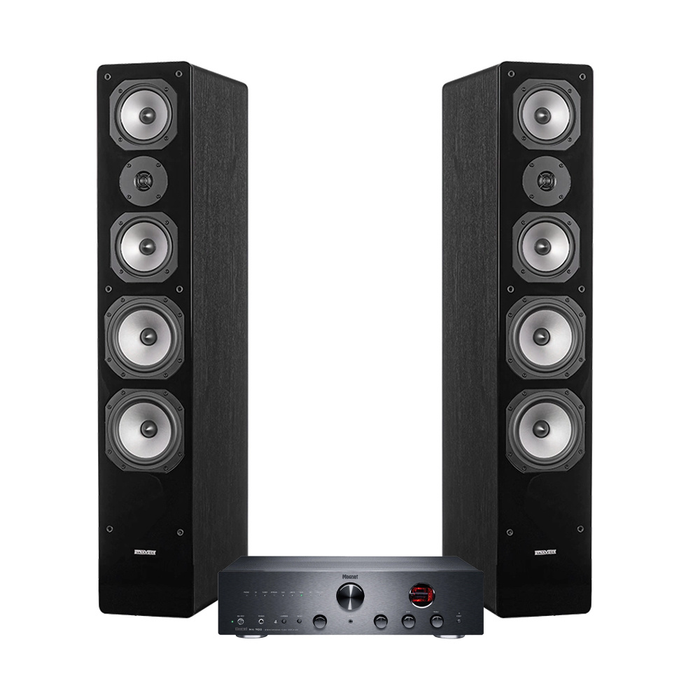 Stereopaket med svart förstärkare och två golvhögtalare.