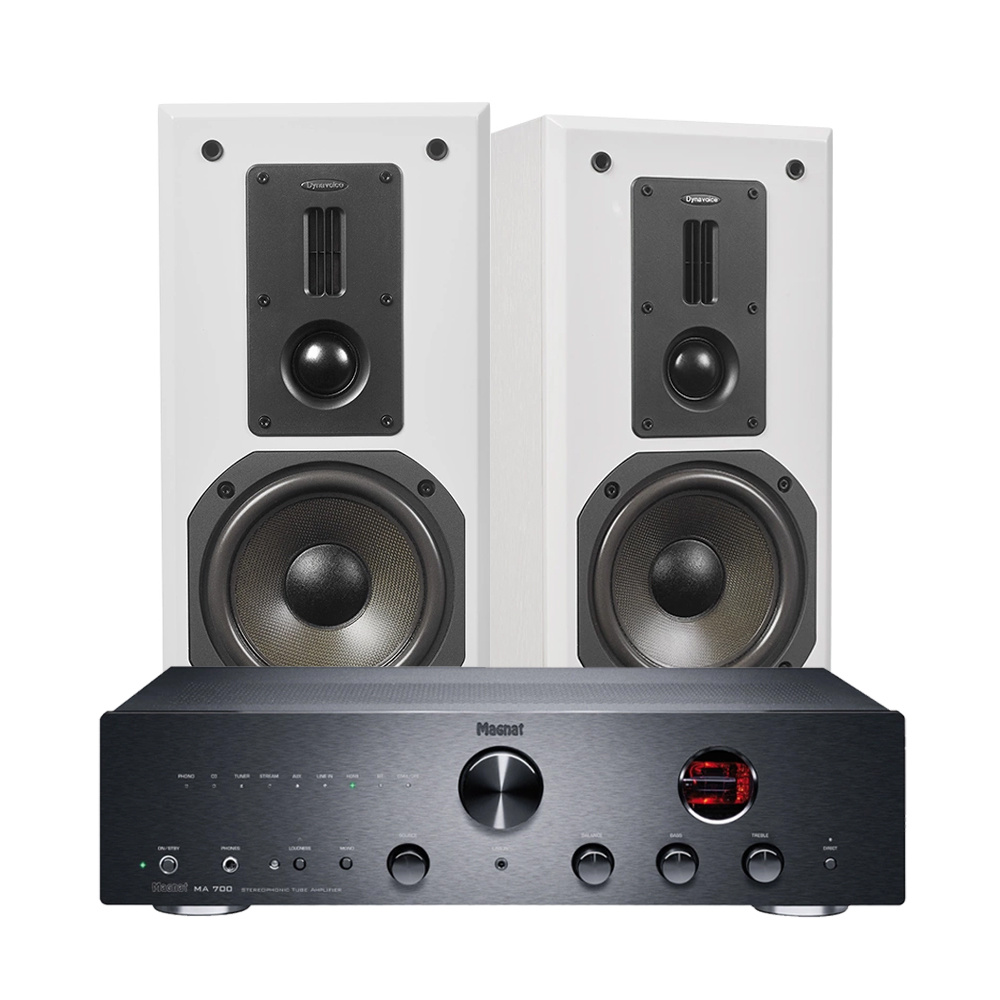 Stereopaket med förstärkare och högtalare i svart och vitt.