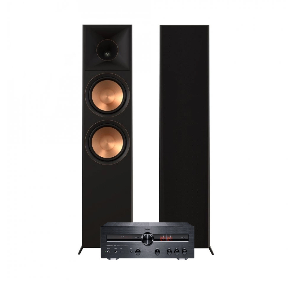 Svart stereopaket med högtalare och förstärkare, elegant design med kopparfärgad detalj.