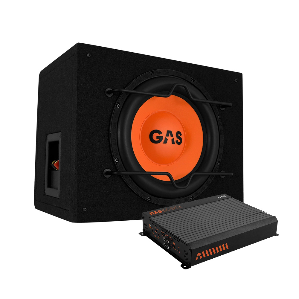 Subwoofer med förstärkare, svart och orange design, för bilstereosystem.