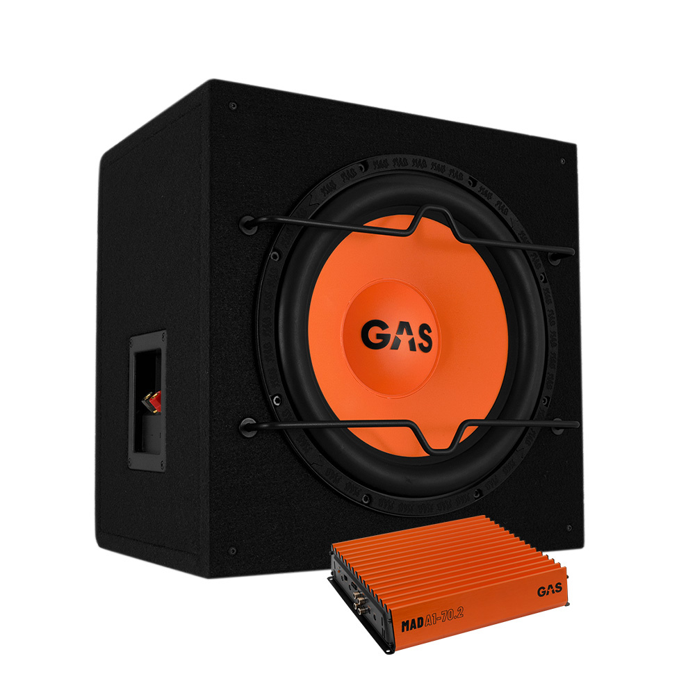 En svart subwoofer med orange logotyp och en förstärkare i orange.