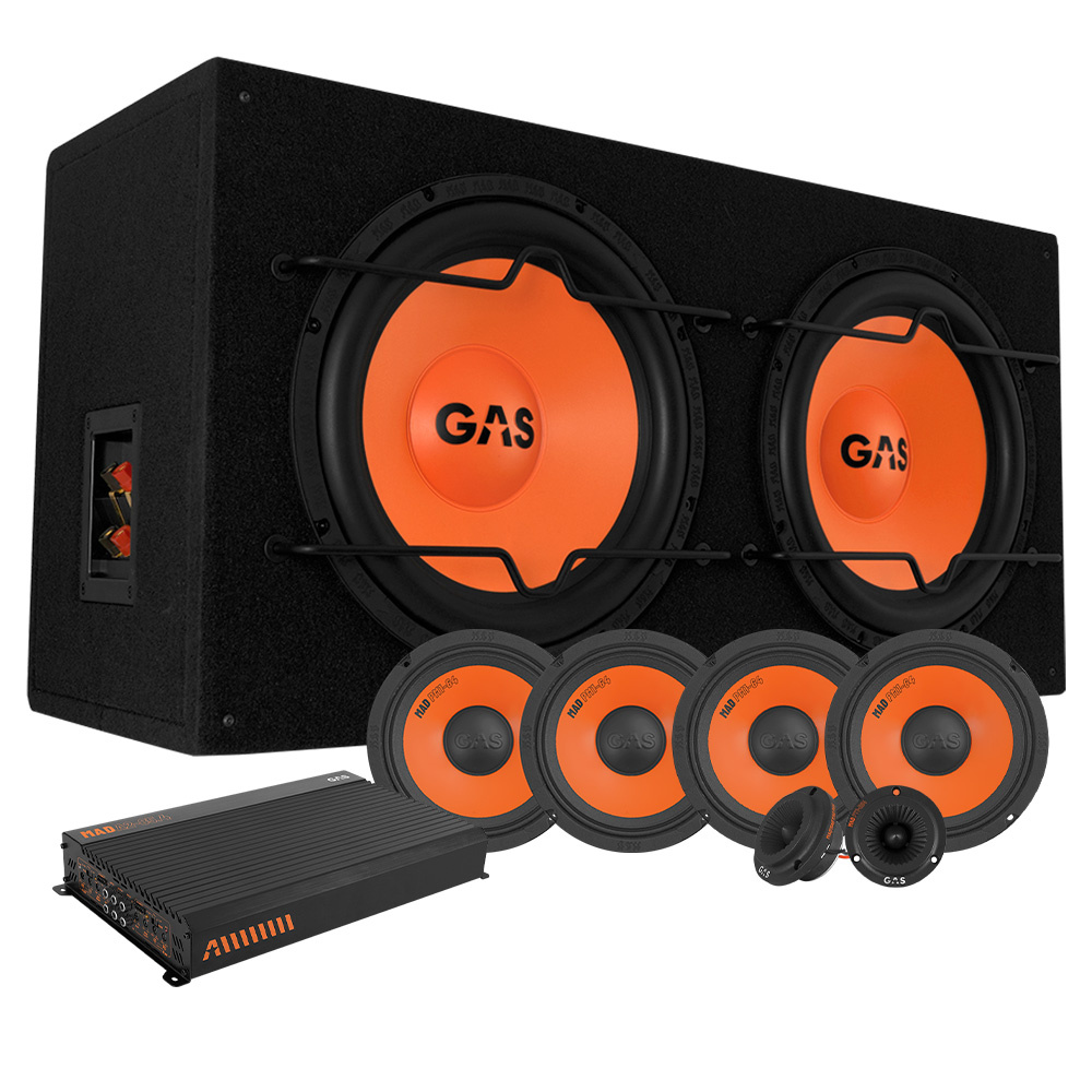 Högtalarpaket med två baslådor och fyra mellanregisterhögtalare.