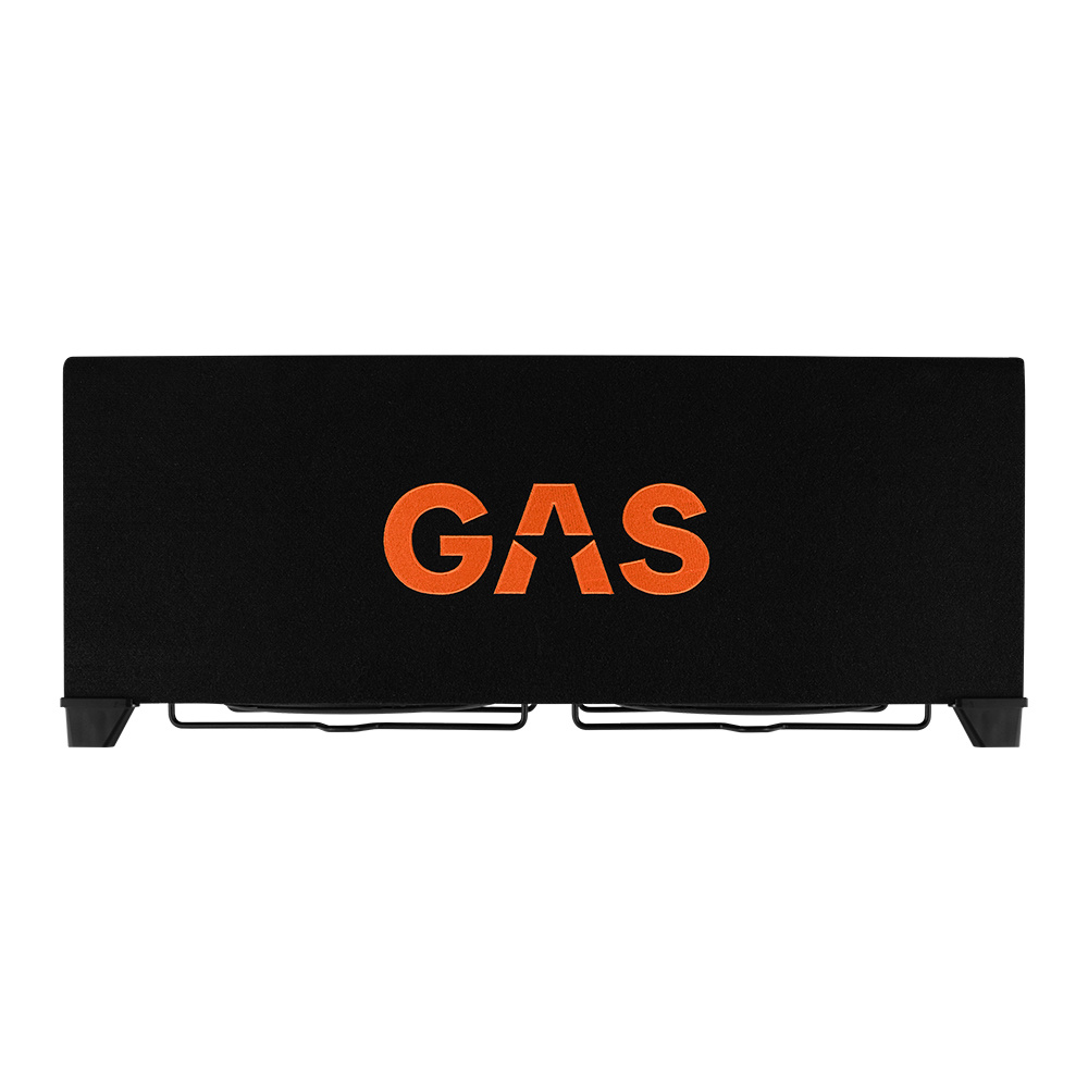 Basanläggning med svart chassi och orange GAS-logotyp.