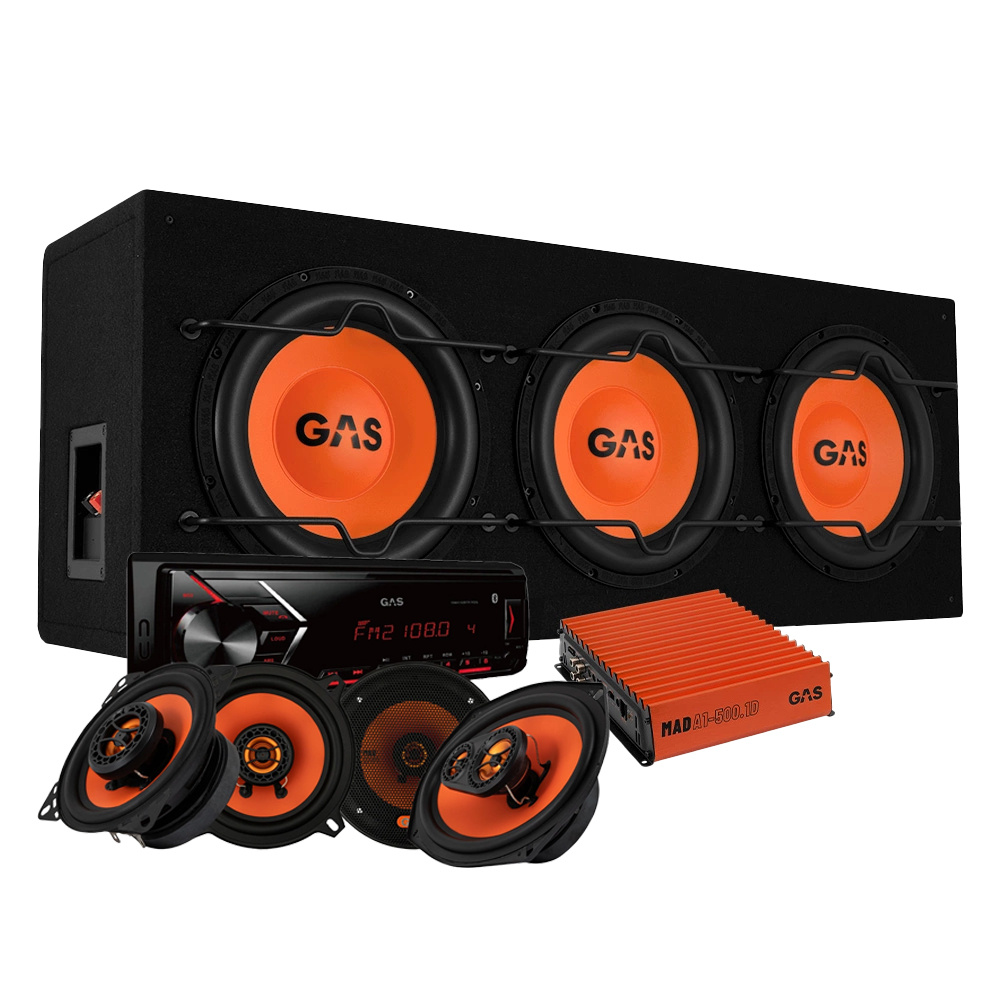 Högtalarsystem med subwoofers, förstärkare och bilstereo.