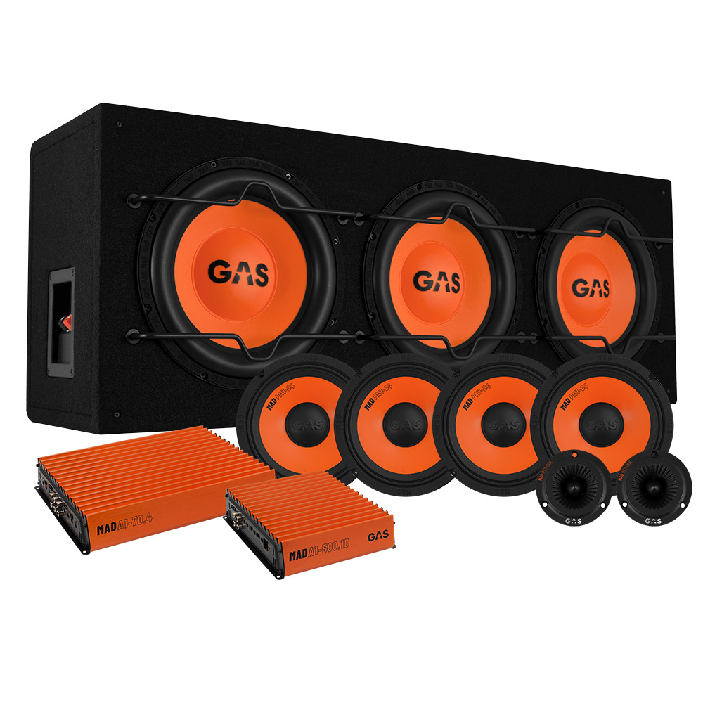 Högtalarpaket med subwoofers och komponenter i svart och orange.