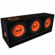 GAS MAD B1-310 SPL-paket med 4-pack MAD PM1-64 Subwooferlåda med tre högtalare och svart filt, orange detalj.