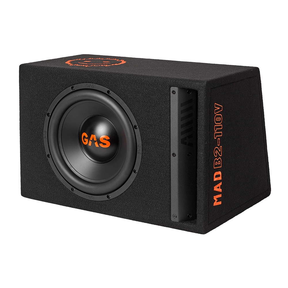 En svart högtalarlåda med GAS-logga och en stor bas.