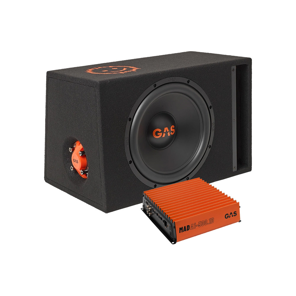 En svart högtalarlåda med GAS-logga och en förstärkare i orange färg.