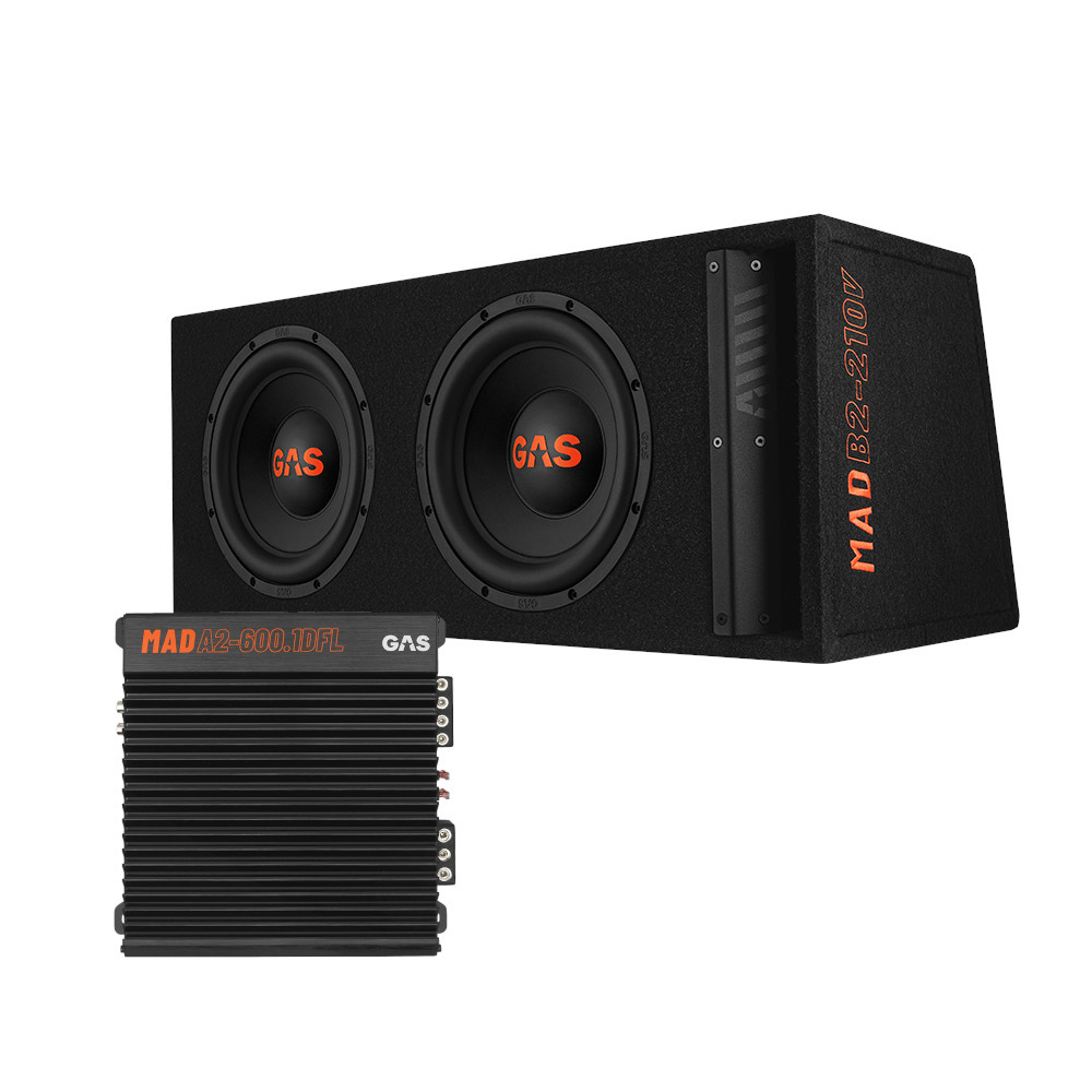 Två subwoofers och en förstärkare i svart låda.