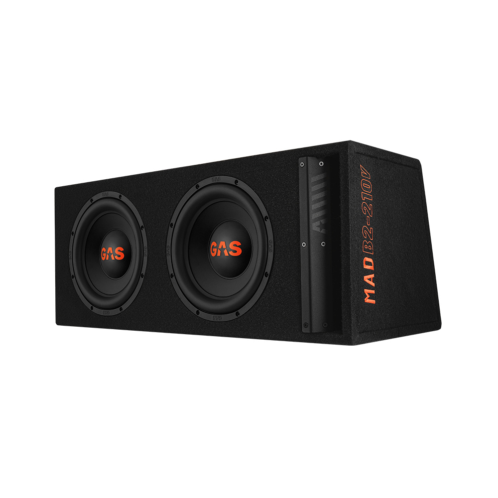 En svart låda med två 10-tums högtalare och en ventil.