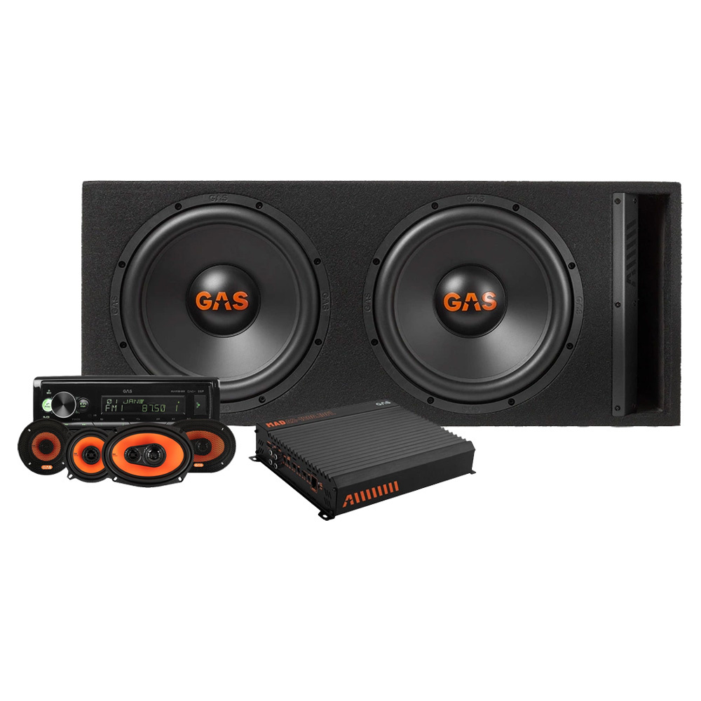 Högtalare och slutsteg med svart och orange design för bil- eller hemmaljud.