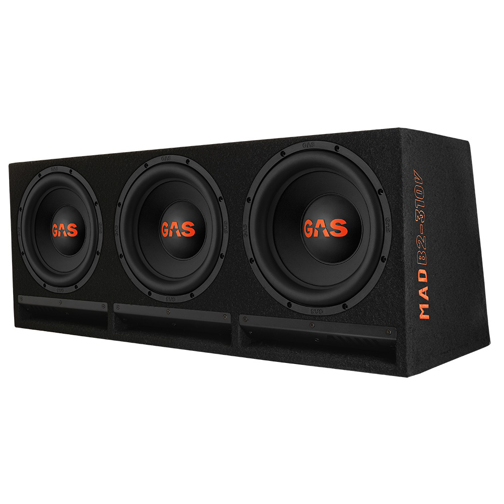 En subwooferlåda med tre stora högtalare, svart och med GAS-logotyp.