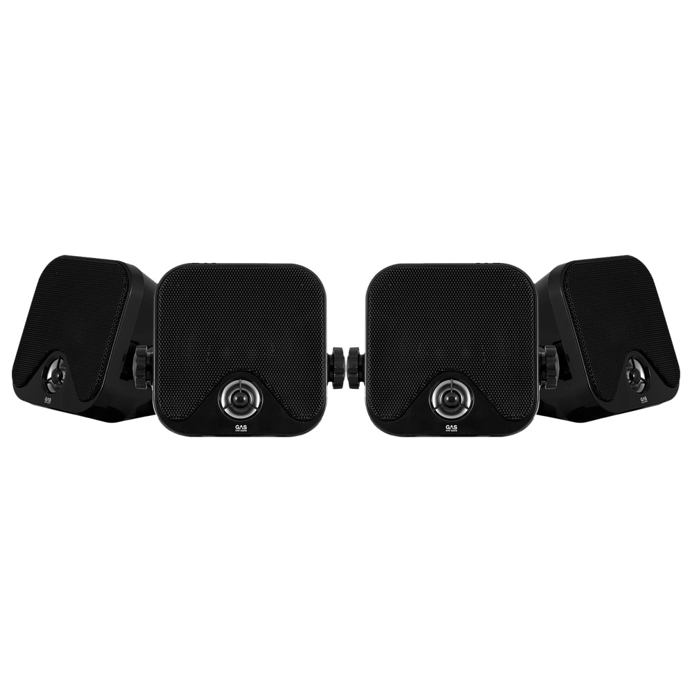 Fyra svarta 2-vägs lådhögtalare med en fyrkantig design.