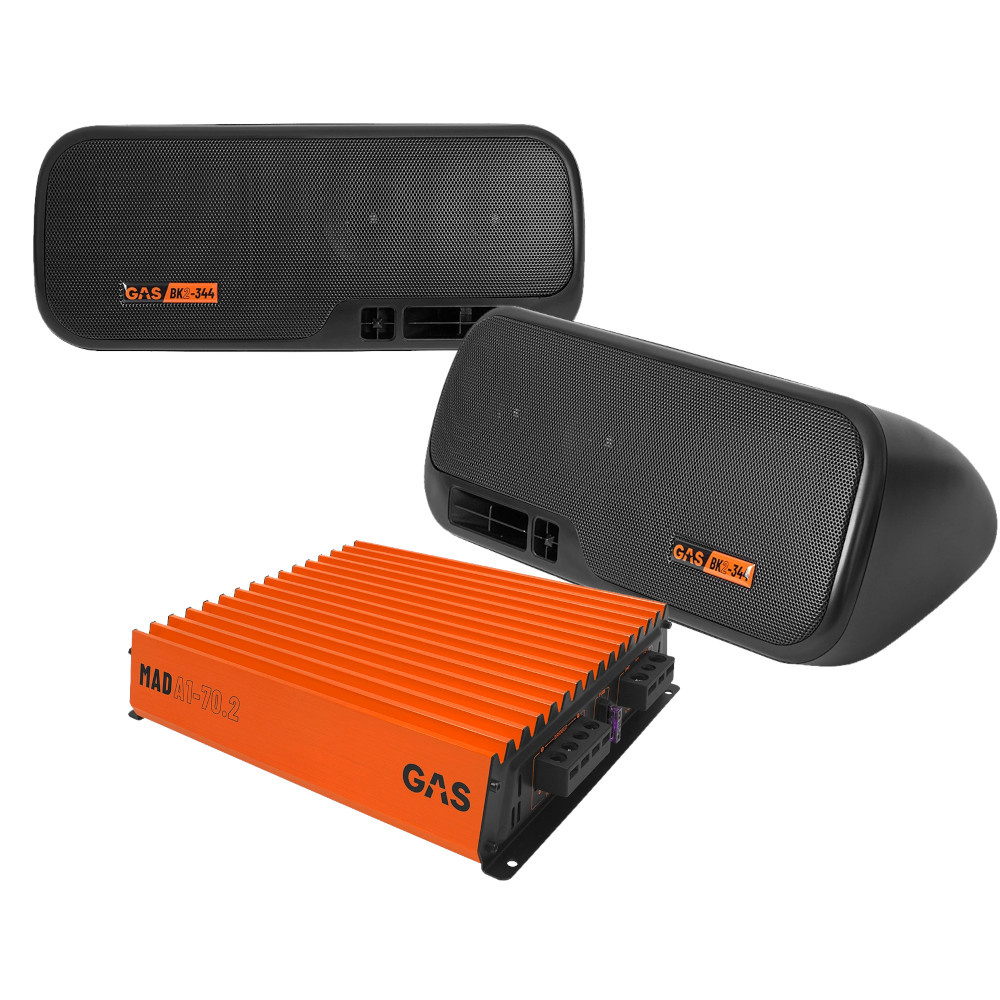 Lådhögtalare och förstärkare i svart och orange färg.