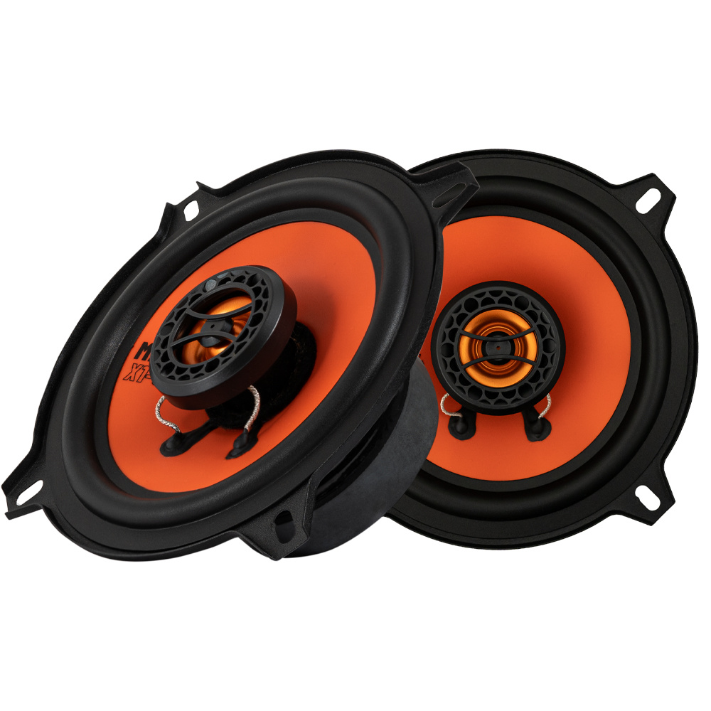 Två rund högtalare med orange accent och svart ram.